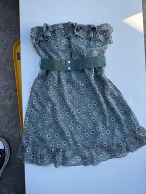 Green Floral Ruffle Midi Dress with Matching Belt